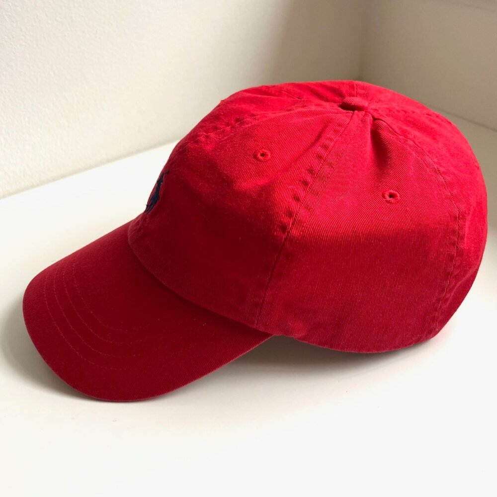 Vintage Polo Ralph Lauren Cotton Chino Ball Cap in Red/Blue with Leather Strap - Picture 6 of 8